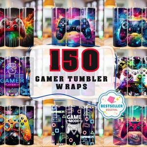 May include: 150 Gamer Tumbler Wraps. A digital download of 150 different designs for gamer tumblers. The designs feature various video game controllers, neon colours, and abstract patterns.