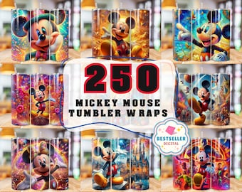 May include: 250 Mickey Mouse Tumbler Wraps. Digital downloads of colorful designs featuring Mickey Mouse in various poses and settings.  Bestseller Digital.
