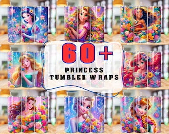 60 Princess Tumbler Wrap png, 20oz Skinny Princess Tumbler Bundle, Cartoon Princess floral Tumbler, Princess Bundle Png,Bundle Tumbler Wrap