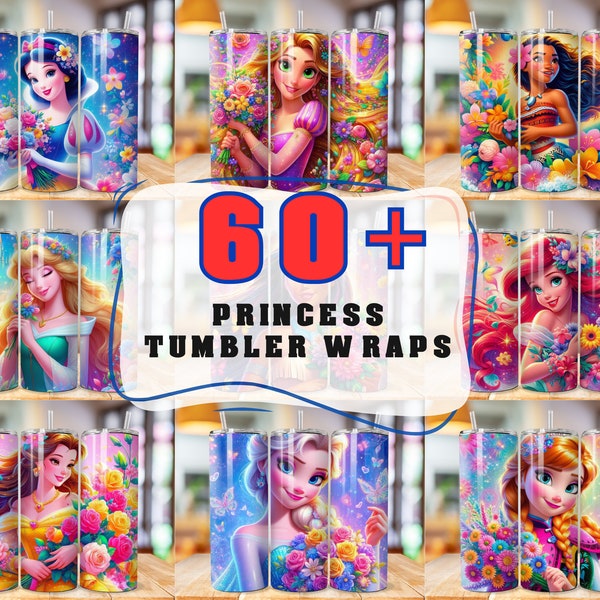 60 emballages de gobelet princesse png, lot de gobelet princesse skinny 20 oz, gobelet floral princesse dessin animé, lot de princesse png, lot de gobelets d'emballage