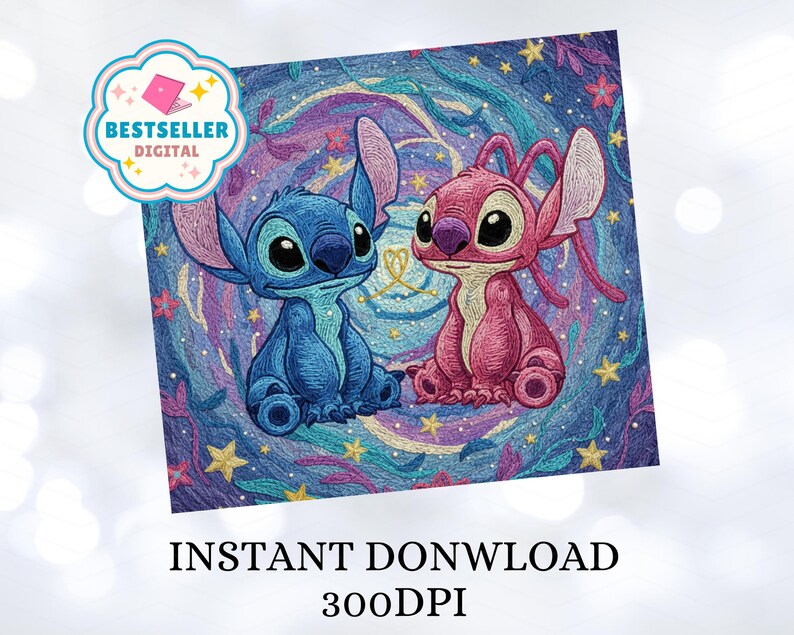 Puede incluir: Ilustraci&oacute;n digital con dos personajes de dibujos animados, uno azul y otro rosa, sobre un fondo estrellado y colorido. La imagen incluye el texto "INSTANT DONWLOAD" y "300DPI". Una insignia "BESTSELLER DIGITAL" est&aacute; en la esquina superior izquierda.