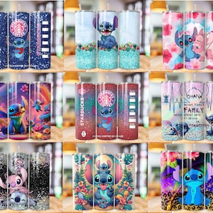 May include: Set of nine 20oz stainless steel tumblers with various designs featuring Stitch from the Disney movie Lilo & Stitch. The designs include Stitch with a heart, Stitch with Angel, Stitch with a guitar, Stitch with a flower, Stitch with a surfboard, Stitch with a quote about Ohana, and Stitch with a galaxy background.