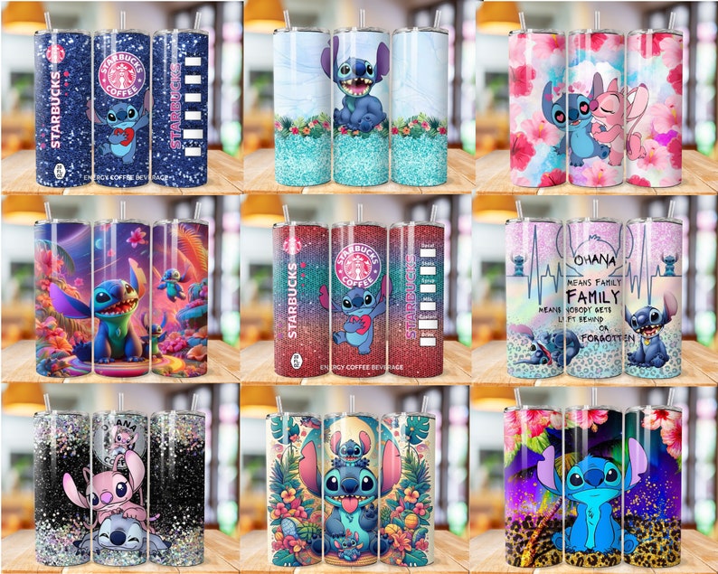 May include: Set of nine 20oz stainless steel tumblers with various designs featuring Stitch from the Disney movie Lilo & Stitch. The designs include Stitch with a heart, Stitch with Angel, Stitch with a guitar, Stitch with a flower, Stitch with a surfboard, Stitch with a quote about Ohana, and Stitch with a galaxy background.