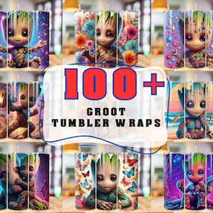 Könnte beinhalten: Eine Collage mit über 100 verschiedenen Designs für Tumbler-Verpackungen mit dem Charakter Groot aus Guardians of the Galaxy. Die Designs umfassen eine Vielzahl von Farben, Mustern und Hintergründen.