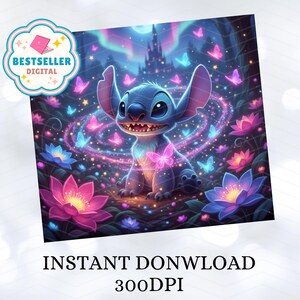 May include: Digital art print featuring a blue cartoon character with large ears, surrounded by pink and blue butterflies and flowers. A castle is in the background. Text reads "INSTANT DONWLOAD" and "300DPI".