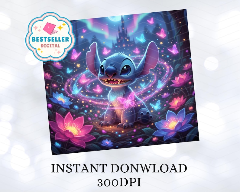 May include: Digital art print featuring a blue cartoon character with large ears, surrounded by pink and blue butterflies and flowers. A castle is in the background. Text reads "INSTANT DONWLOAD" and "300DPI".