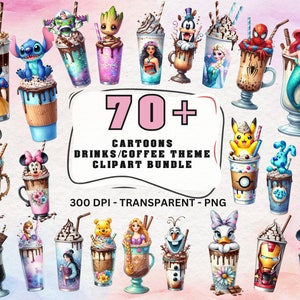 70 Cartoon Drinks Clipart png, Cartoon Theme Clipart, Coffee drinks Clipart Bundle, Cartoon PNG bundle, cartoon clipart Bundle Png, drinks