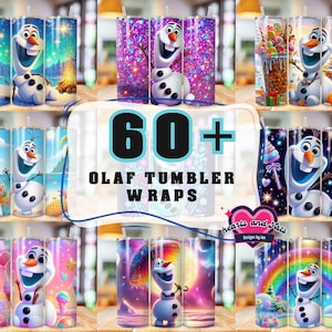 May include: A collage of 60+ different designs for Olaf tumbler wraps. The designs feature Olaf from the movie Frozen in various poses and settings, including a winter scene, a beach scene, and a galaxy scene. The text "60+ Olaf Tumbler Wraps" is displayed in the center of the image.