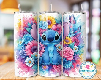 Stitch Tumbler Wrap, Stitch Floral Tumbler Png wrap, princess tumbler design, 20oz Skinny Tumbler Sublimation Design, cartoon tumbler wrap