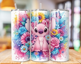 Stitch Tumbler Wrap, Stitch Floral Tumbler Png wrap, Angel Stitch tumbler design, 20oz Skinny Tumbler Sublimation Design, cartoon tumbler
