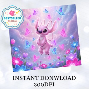 May include: A digital illustration featuring a pink cartoon character surrounded by pink and blue butterflies, flowers, and a starry sky. The image includes the text "INSTANT DOWNLOAD" and "300DPI". A "BESTSELLER DIGITAL" badge is in the upper left corner.