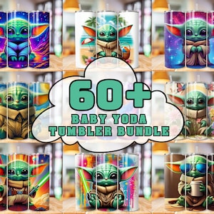 Puede incluir: Un conjunto de nueve diseños diferentes para un paquete de vasos de Baby Yoda. Cada vaso presenta un fondo colorido diferente y un lindo personaje de Baby Yoda. El texto "60+ Baby Yoda Tumbler Bundle" se muestra en el centro de la imagen.