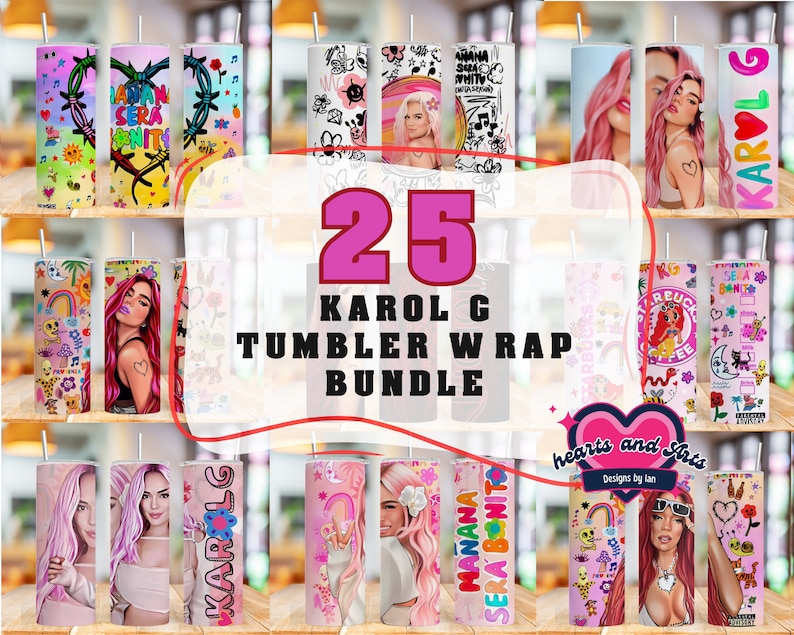 K&ouml;nnte beinhalten: Ein Set mit 25 digitalen Designs mit Karol G, einer kolumbianischen S&auml;ngerin. Die Designs sind farbenfroh und zeigen verschiedene Bilder von Karol G, darunter ihr Gesicht, ihr Name und Songtexte aus ihren Songs. Die Designs sind perfekt f&uuml;r die Erstellung von individuellen Bechern, Tassen und anderen personalisierten Artikeln.