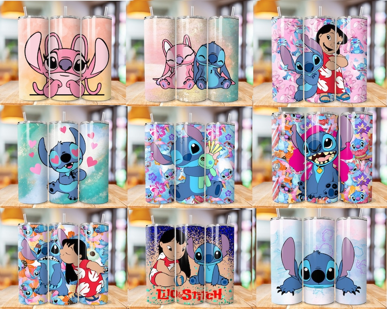May include: Set of nine stainless steel tumblers featuring various designs of Stitch and Lilo from the Disney movie Lilo & Stitch. The tumblers are all different colors and have a variety of designs, including Stitch with hearts, Stitch with Angel, Stitch with Lilo, and Stitch with a pink background.