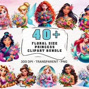 40 Princesa Floral Clip Art png, Paquete de imágenes prediseñadas de princesa, Imágenes prediseñadas de princesa de dibujos animados, Paquete de princesa Png, Imágenes prediseñadas de paquete de dibujos animados, Princesa