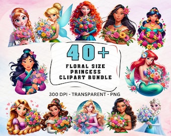 40 Princess Floral Clip Art png, Princess Clipart Bundle, Cartoon Princess Clipart, Princess Bundle Png, Cartoon Bundle Clipart, Princess