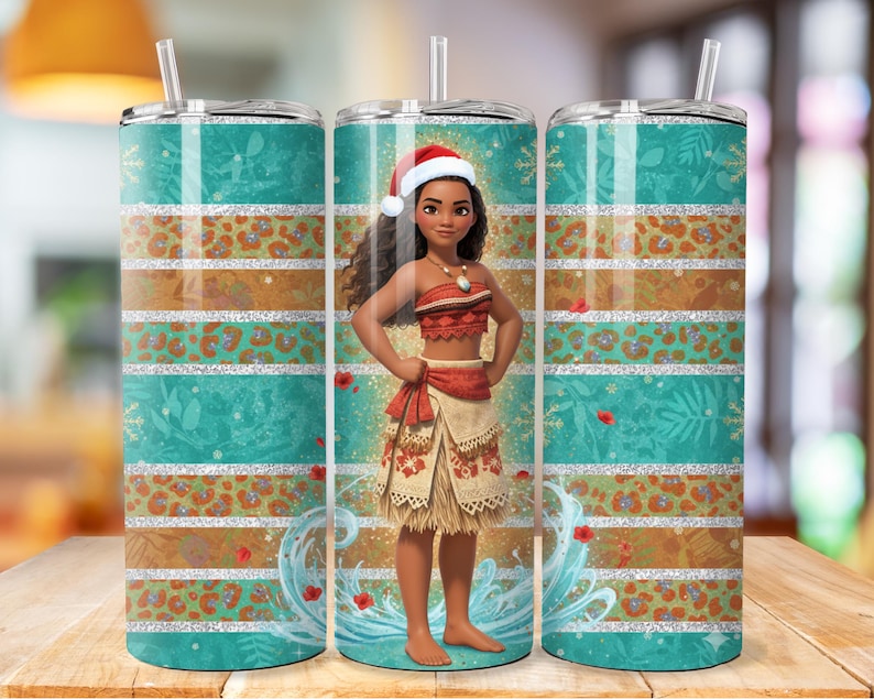May include: A tumbler featuring a design with a cartoon character wearing a Santa hat. The tumbler has a teal background with white and silver stripes, and a leopard print pattern. The tumbler includes a straw.