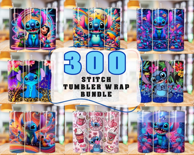 May include: A set of 300 Stitch tumbler wraps. The wraps feature various designs with Stitch, the blue alien character from Lilo & Stitch, in different poses and settings. The designs include Stitch with flowers, Stitch with a coffee cup, Stitch with a rainbow, and Stitch with a tropical background.