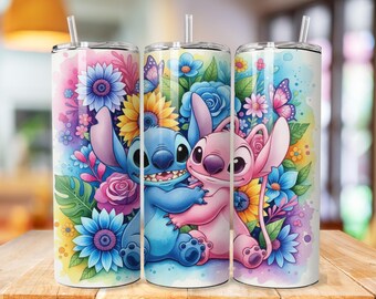 Stitch Tumbler Wrap, Stitch Floral Tumbler Png wrap, princess tumbler design, 20oz Skinny Tumbler Sublimation Design, cartoon tumbler wrap
