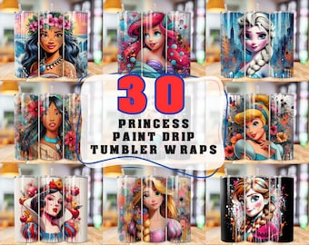 30 Princess Paint Drip Tumbler Wrap png, Paquete de vaso de princesa de 20 oz, Vaso de princesa de dibujos animados, Paquete de princesa Png, Envoltura de vaso de paquete