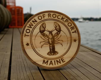 Rockport Maine Lobster Coasters – Engraved Wood Gift – Coastal Nautical Home Decor