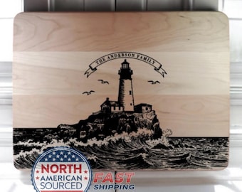 Personalized Lighthouse Cutting Board, Engraved Family Name, Coastal Charcuterie, Beach House Gift