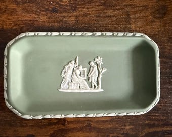 Vintage Wedgwood Jasperware Trinket Tray Sage Green Jewelry Tray Ring Dish Made in England Classical Relief