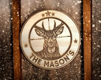 Best Man cave gift: Hunting Deer Laser Engraved Wood Monogrammed Coaster, Valentine Gift for Him. Set of 4 Coasters