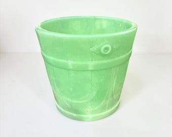 Vintage Green Milk Glass Bucket Cups | Jade Green Glass Cachepot | Embossed Wood Grain Vase | Cottagecore Farmhouse Decor set of 6