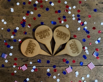 Engraved Wooden Charcuterie Picks, Fourth of July Cupcake Toppers