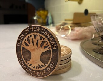 New Canaan CT Round Wood Coaster, Engraved Connecticut Home Decor