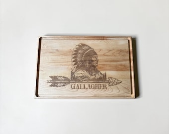 Personalized Indian Chief Serving Board | Custom Family Name Charcuterie Board | Engraved Wooden Tray | Rustic Lodge Decor | Western Gift