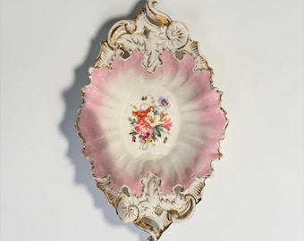 Antique German Porcelain Hand Painted Floral Centerpiece Bowl | Bavaria Pink & Gold Gilt Serving Bowl | Rococo Victorian Decor