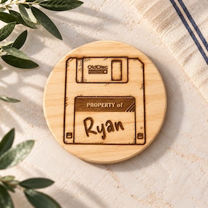 Personalized Floppy Disk Coaster, Retro Computer Gift, Programmer Gift, IT Tech Gift, 90s Nostalgia, Engraved Wood Coaster