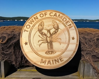 Camden Maine Lobster Coasters – Engraved Wood Gift – Coastal Nautical Home Decor