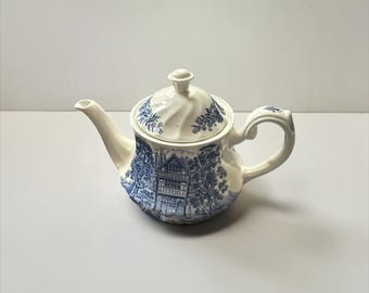 Vintage Ironstone Shakespeare's County Teapot/Coffee pot, Blue and White Transferware, Cottagecore Kitchen