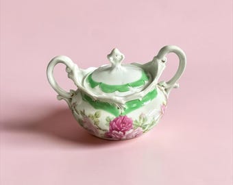 Vintage Weimar Germany  1920 Porcelain Sugar Bowl With Lid Hand Painted Roses Cottagecore Decor