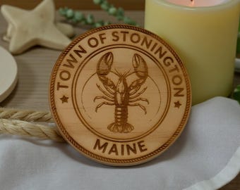 Stonington Maine Lobster Coasters – Engraved Wood Gift – Coastal Nautical Home Decor