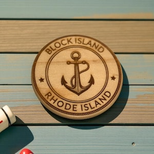 Block Island Rhode Island Wood Coaster, Engraved Anchor Nautical Decor