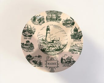 Vintage Maine Souvenir Plate | Portland Head Light Transferware Plate | Litho Sketch Kettlesprings Kilns | Coastal Maine Wall| Mid Century