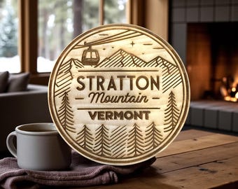 Stratton Vermont Ski Mountain Coaster, Engraved Wood Cabin Decor