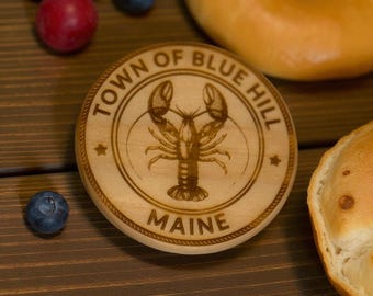 Blue Hill Maine Lobster Coasters – Engraved Wood Gift – Coastal Nautical Home Decor