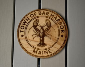 Bar Harbor Maine hummerunderlägg – Graverad träkustgåva | Nautiskt strandhusset
