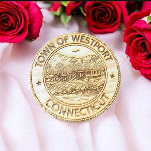 Westport Connecticut Wood Coaster, Engraved Town Seal Souvenir