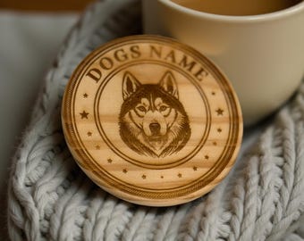 Engraved Husky Coaster – Personalized Wood Pet Memorial Gift