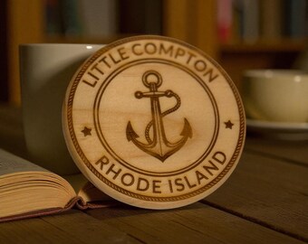 Little Compton Rhode Island Coasters – Engraved Wood Anchor Design – Coastal Nautical House Gift
