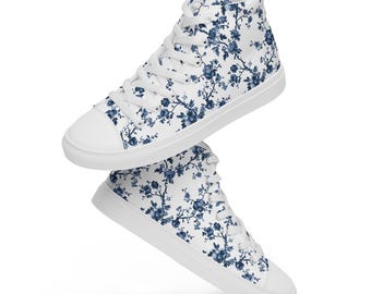 Women’s Blue Toile High Top Canvas Shoes, One of a Kind Gift for Her, Blue Toile Shoes, Gift for Teen Girl, High Top Shoes, Wedding High Top