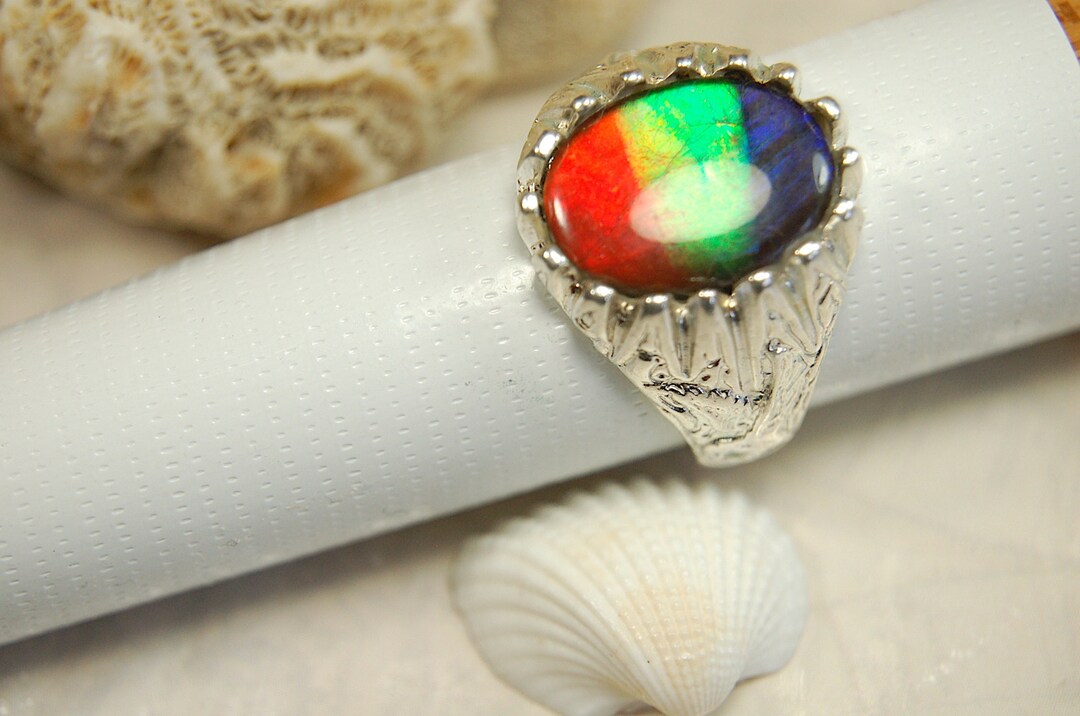 Ammolite Mens Ring From Canada.powerful Statement Ring. RARE Top