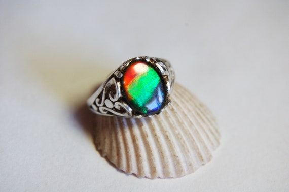 Round Cut Natural Canada Ammolite Ring/ Fossil Gemstone Wedding Promise Ring/  Unique Half Etrenity Moissanite Ring/ Rose Gold Ammolite Ring - Etsy