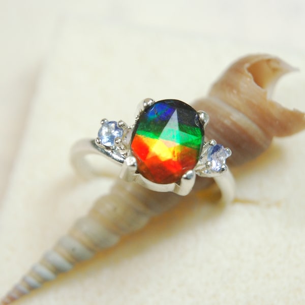 Ammolite Jewelry Ring faceted ammolite gem with Tanzanite ring for birthday gift for anniversary Canadian ammolite from Canada.020814